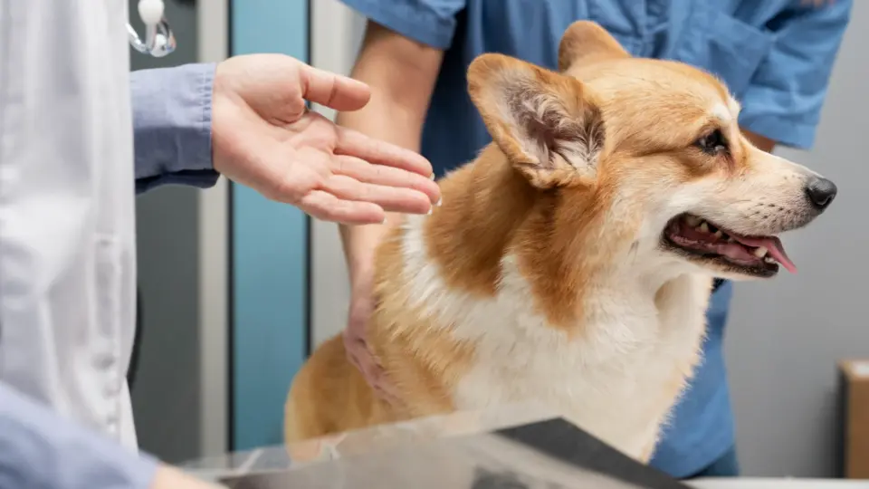 Veterinarian diagnosing pet dog.